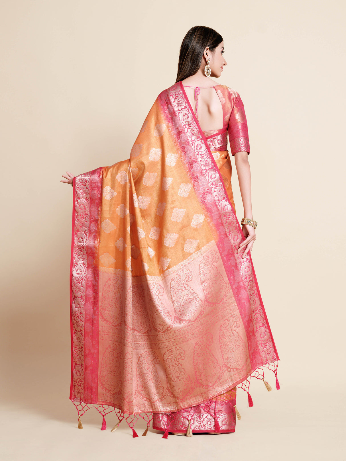 Mimosa Womens Art Silk Saree Kanjivaram Peach Color