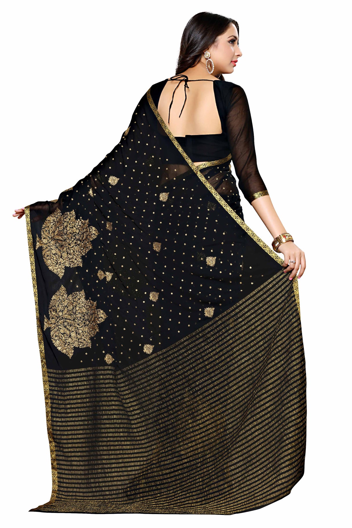 Mimosa Womens Chiffon Saree Banarasi Black Color