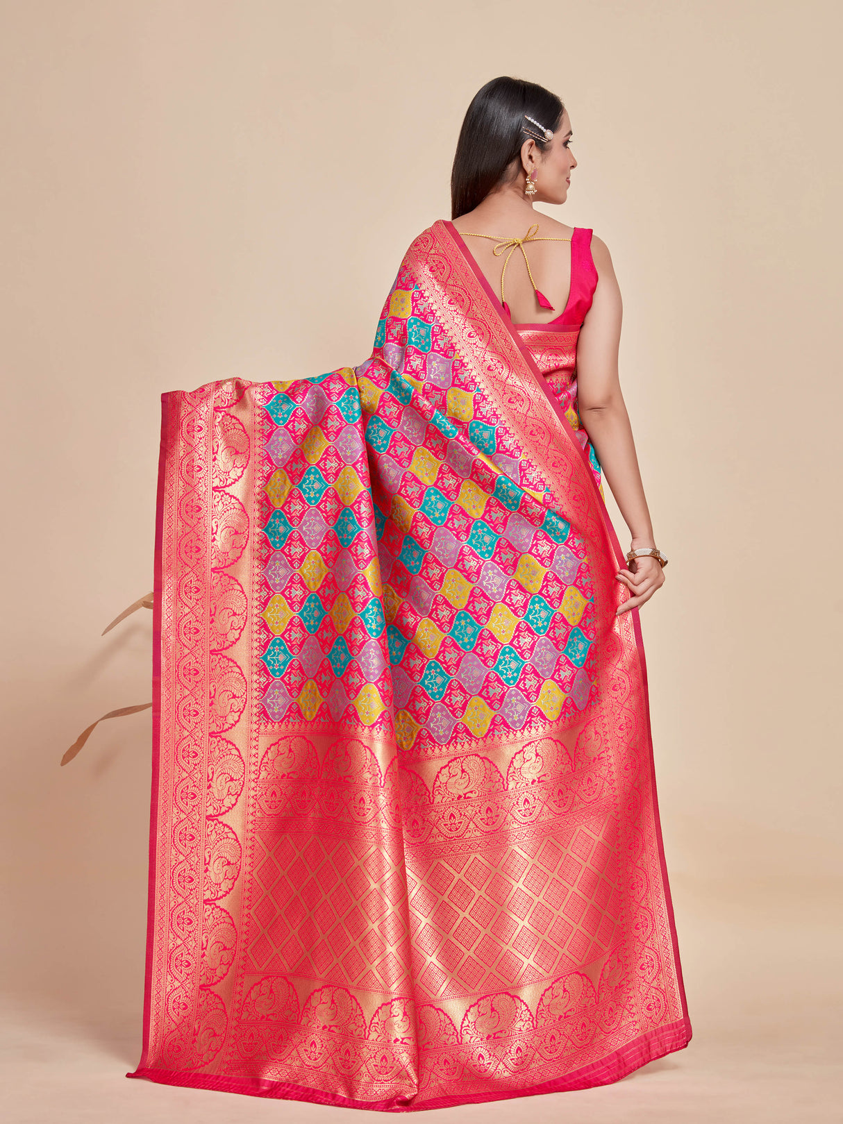 Mimosa Women's Woven Design Patola Style Art Silk Saree With Blouse Piece : SA00001343PNKFREE