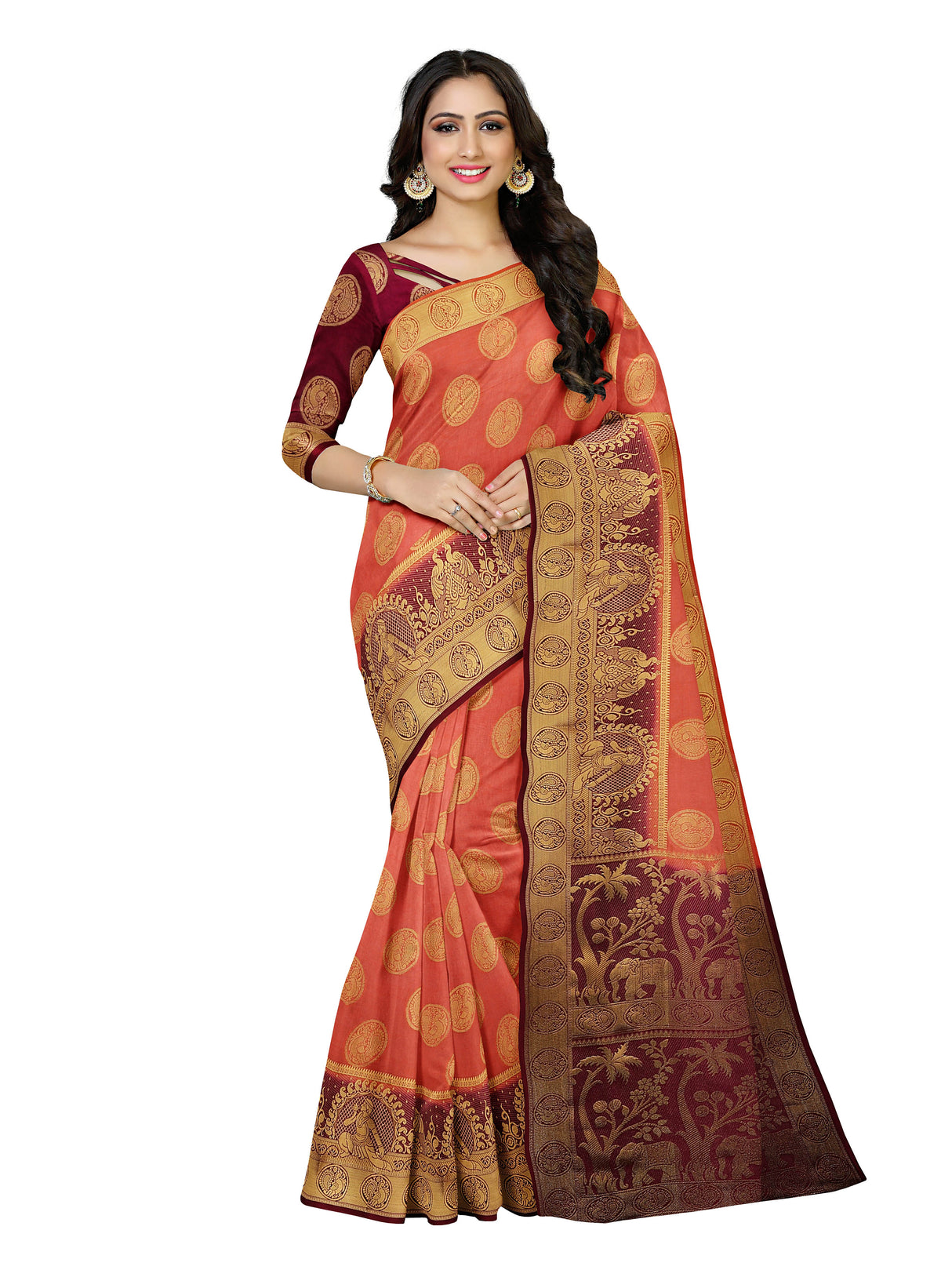 Mimosa Womens Art Silk Saree Kanjivaram Peach Color