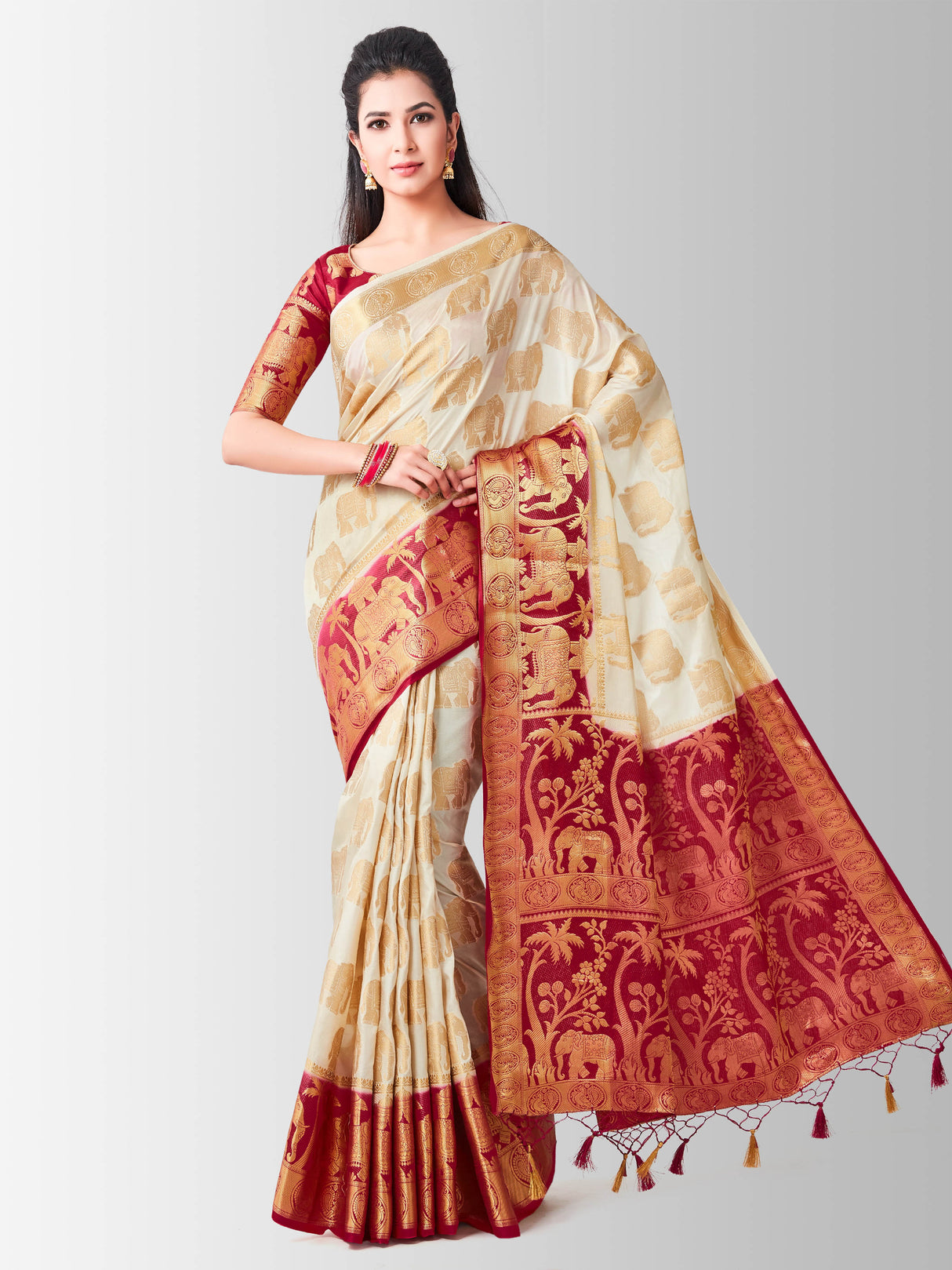 Mimosa Womens Art Silk Saree Kanjivaram Halfwhite Color