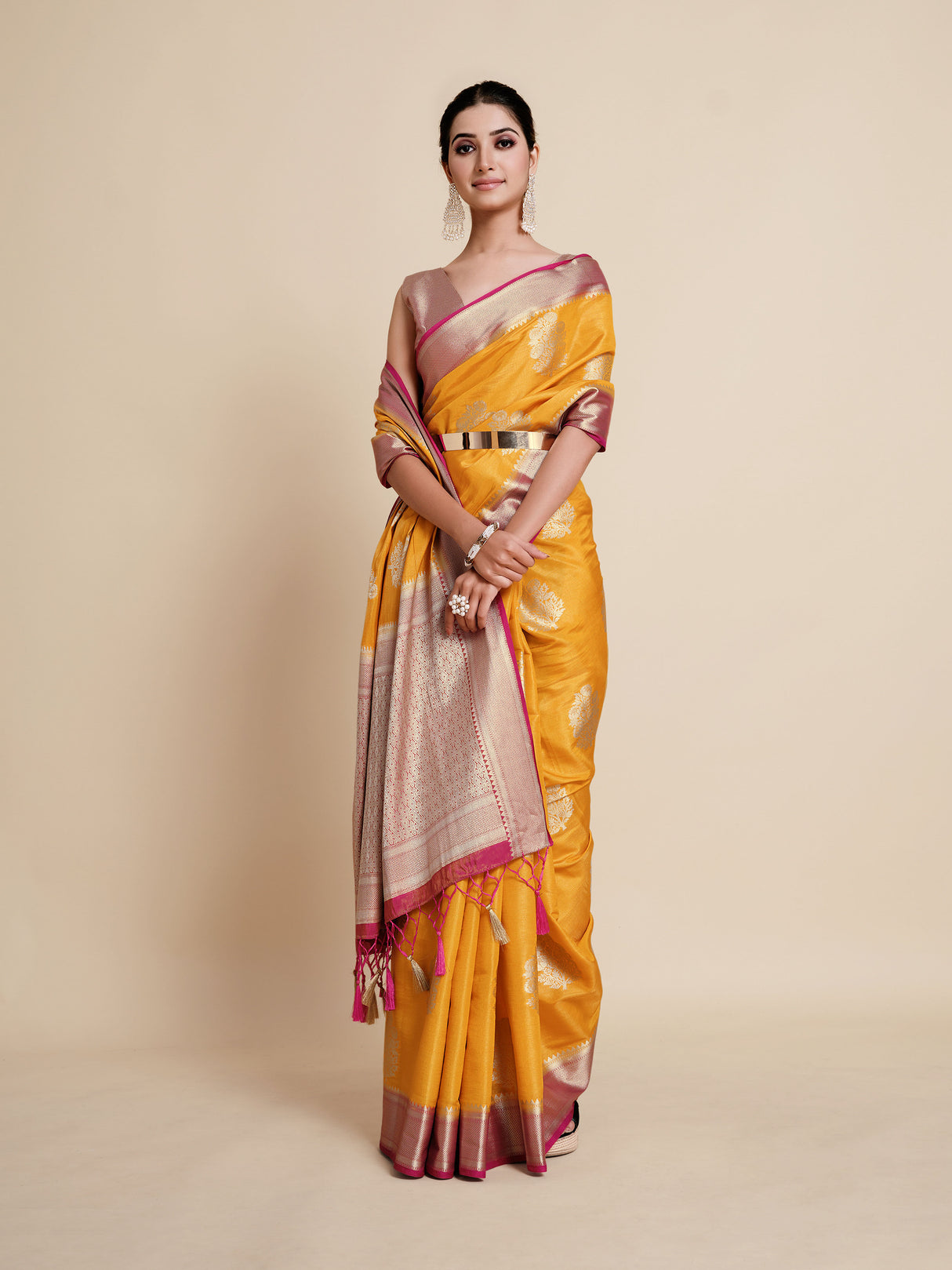 Mimosa Womens Art Silk Saree Kanjivaram Gold Color