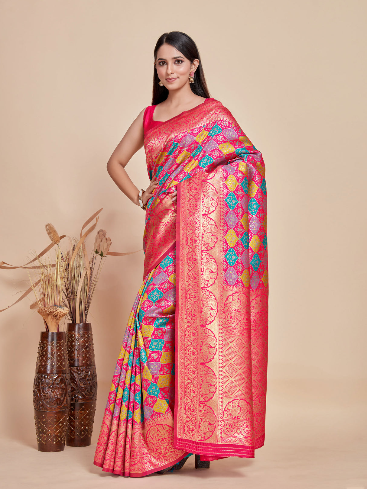 Mimosa Women's Woven Design Patola Style Art Silk Saree With Blouse Piece : SA00001343PNKFREE