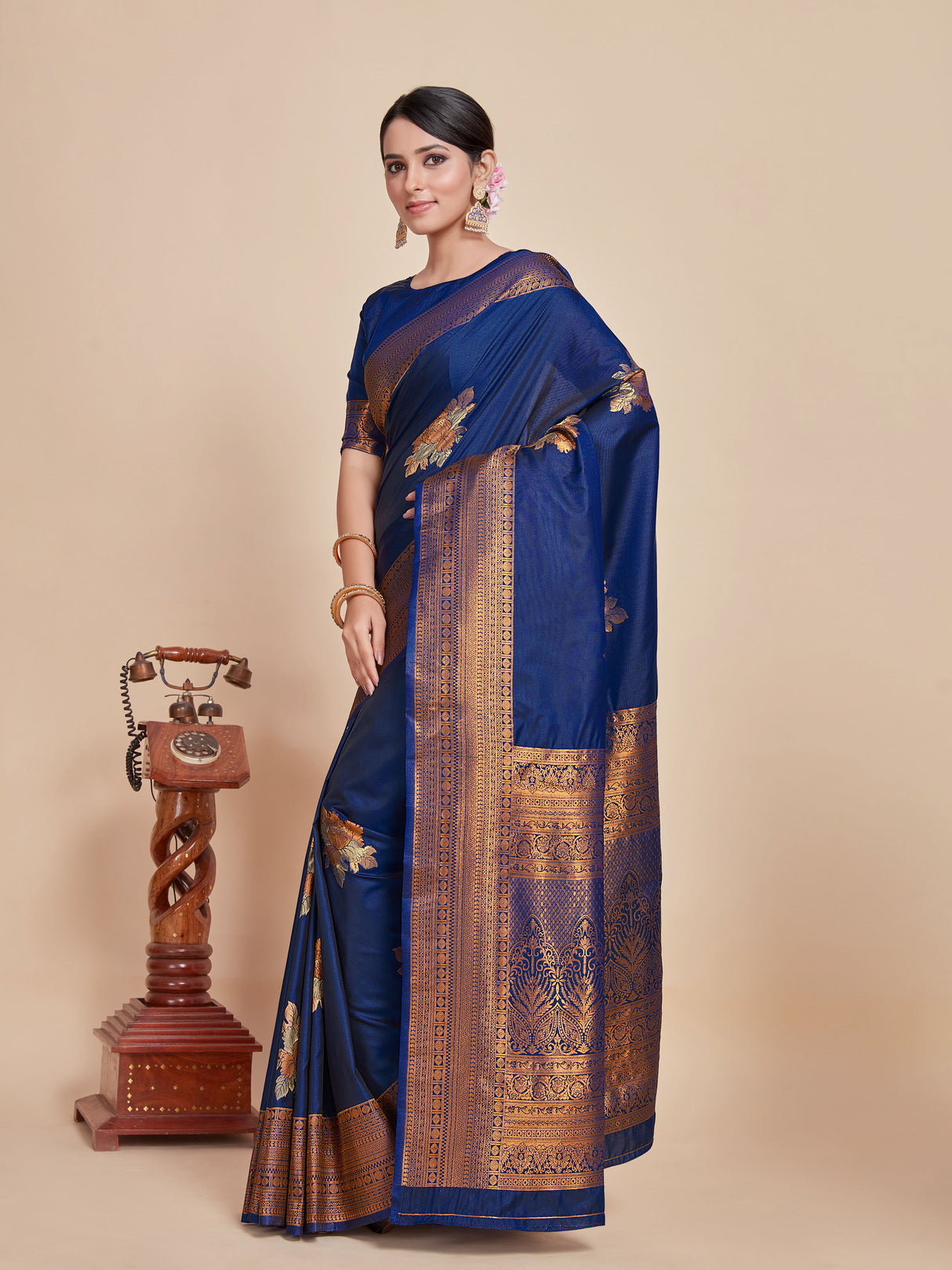 Mimosa Women's Woven Design Kanjivaram Style Art Silk Saree With Blouse Piece : SA00001384NVFREE
