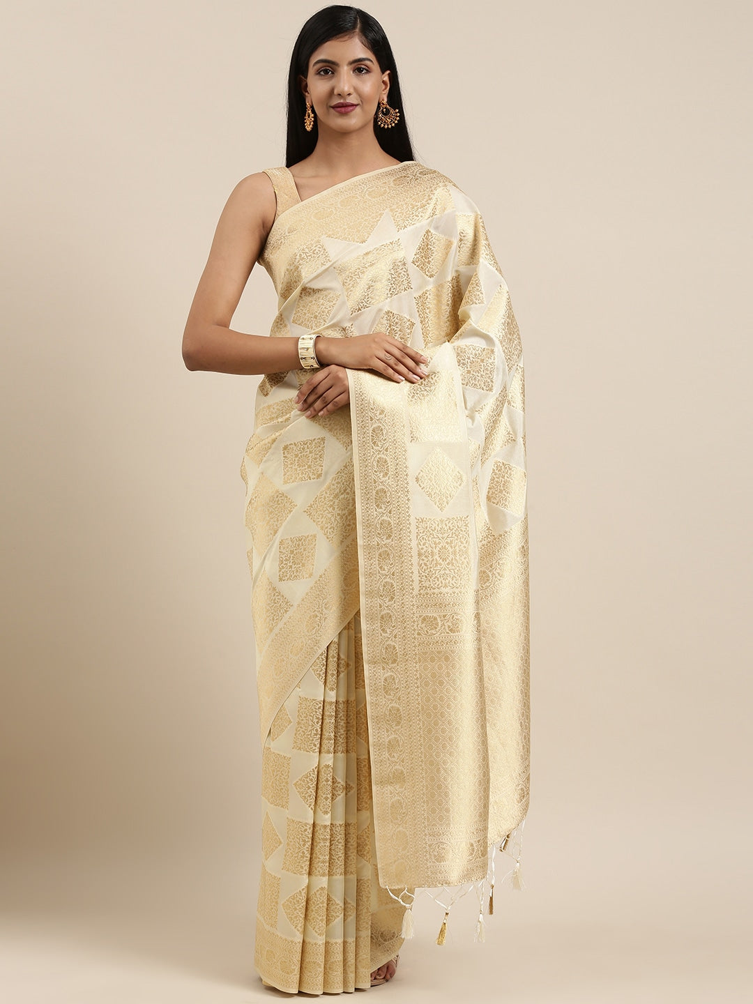 Mimosa Womens Art Silk Saree Kanjivaram Cream Color