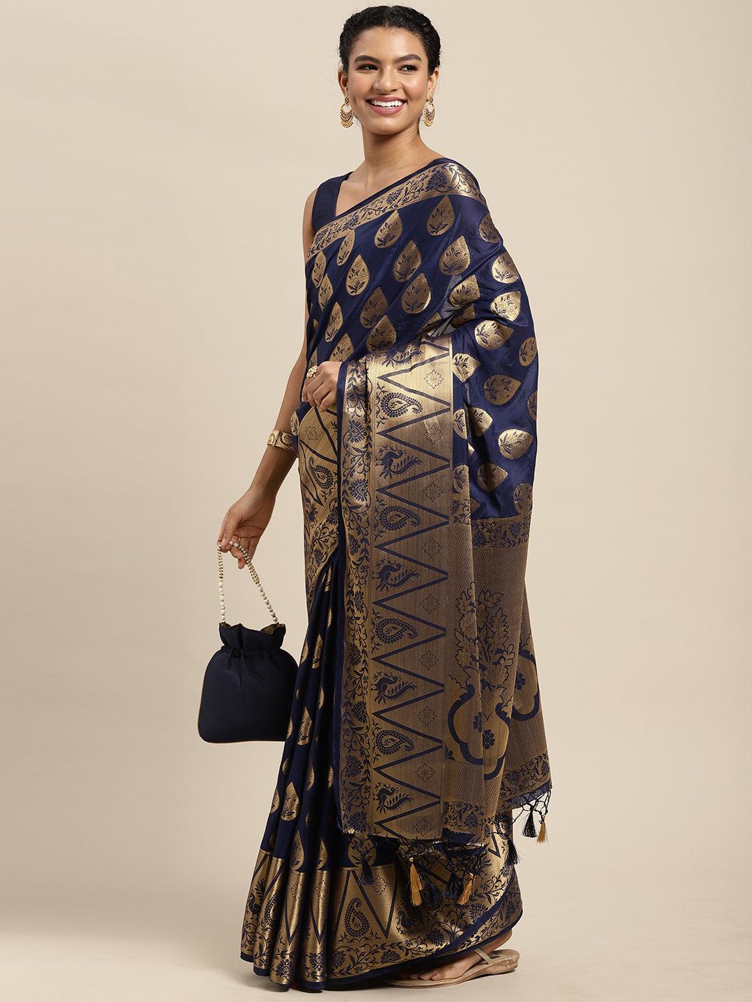 Mimosa Womens Crepe Saree Mysore Silk Navy Blue Color
