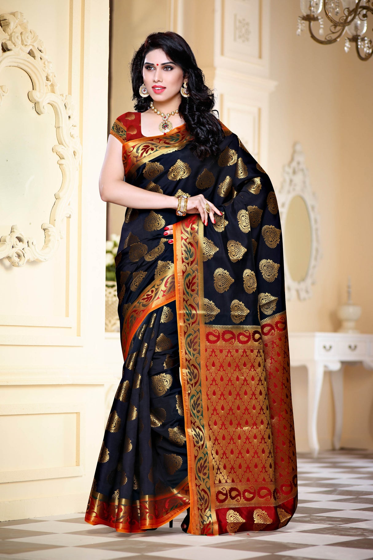 Mimosa Womens Art Silk Saree Kanjivaram Black Color