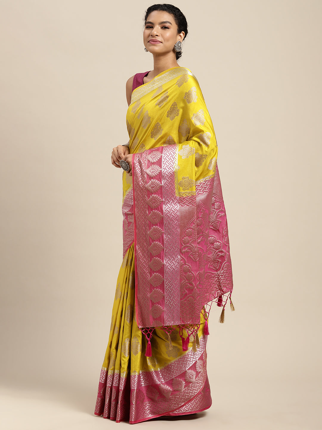 Mimosa Womens Art Silk Saree Kanjivaram Yellow Color