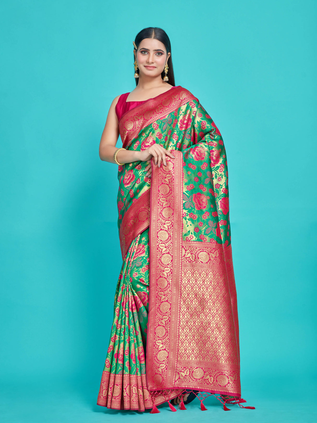 Mimosa Women's Woven Design Kanjivaram Style Art Silk Saree With Blouse Piece : SA00001335GRNFREE