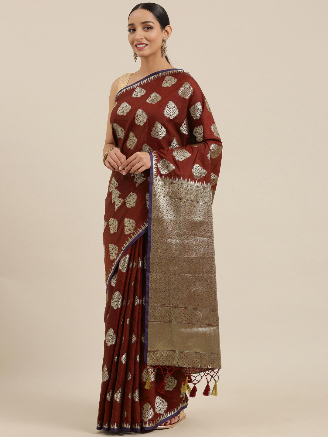 Mimosa Womens Art Silk Saree Kanjivaram Chocolate Color