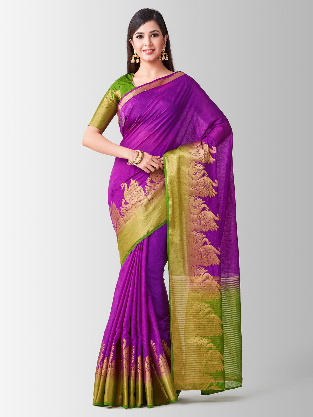 Mimosa Womens Linen Saree Kanjivaram style Mejanta Color