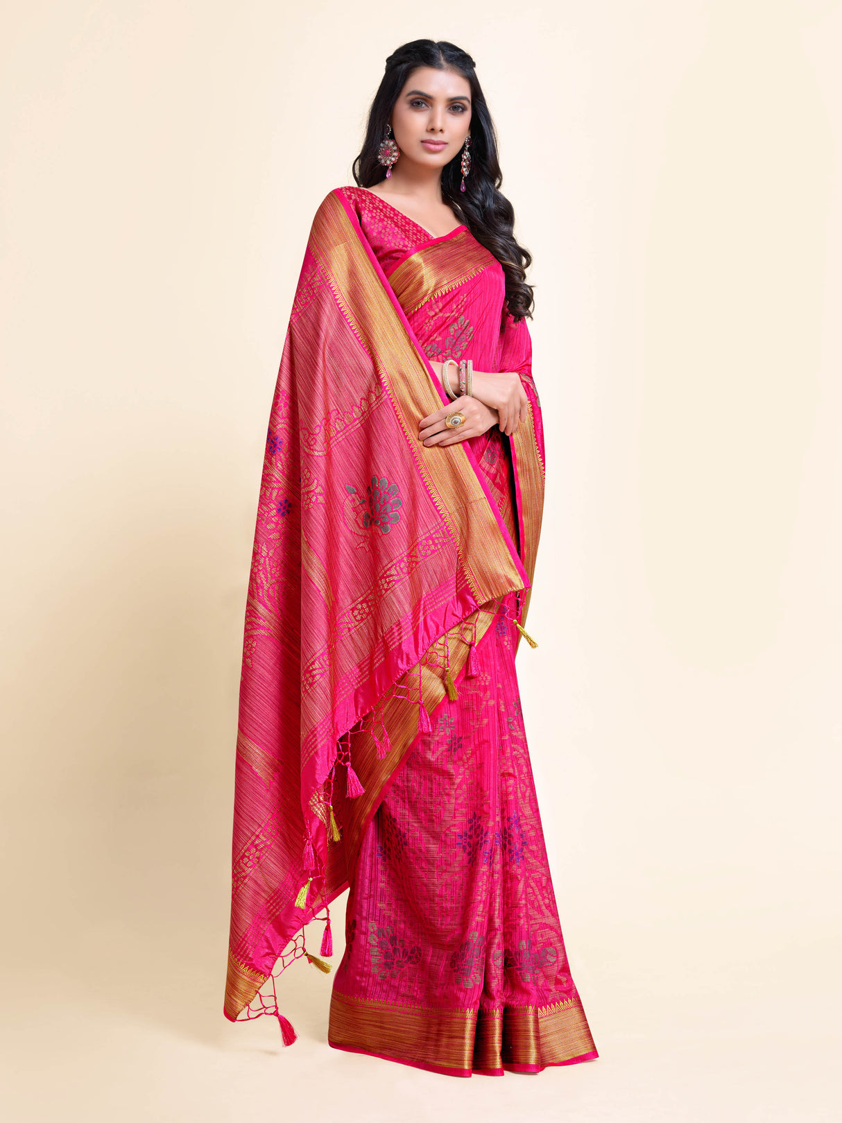 Mimosa Womens Art Silk Saree Kanjivaram style Strawberry Color