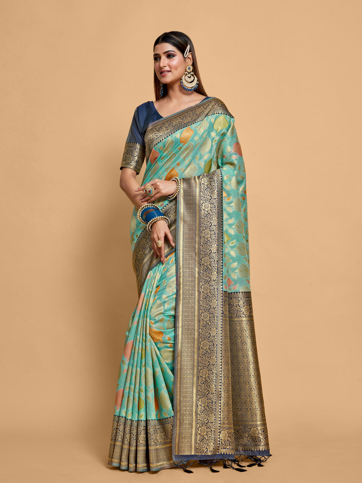 Mimosa Women's Woven Design Kanjivaram Linen Saree With Blouse Piece : SA00001236SFFREE