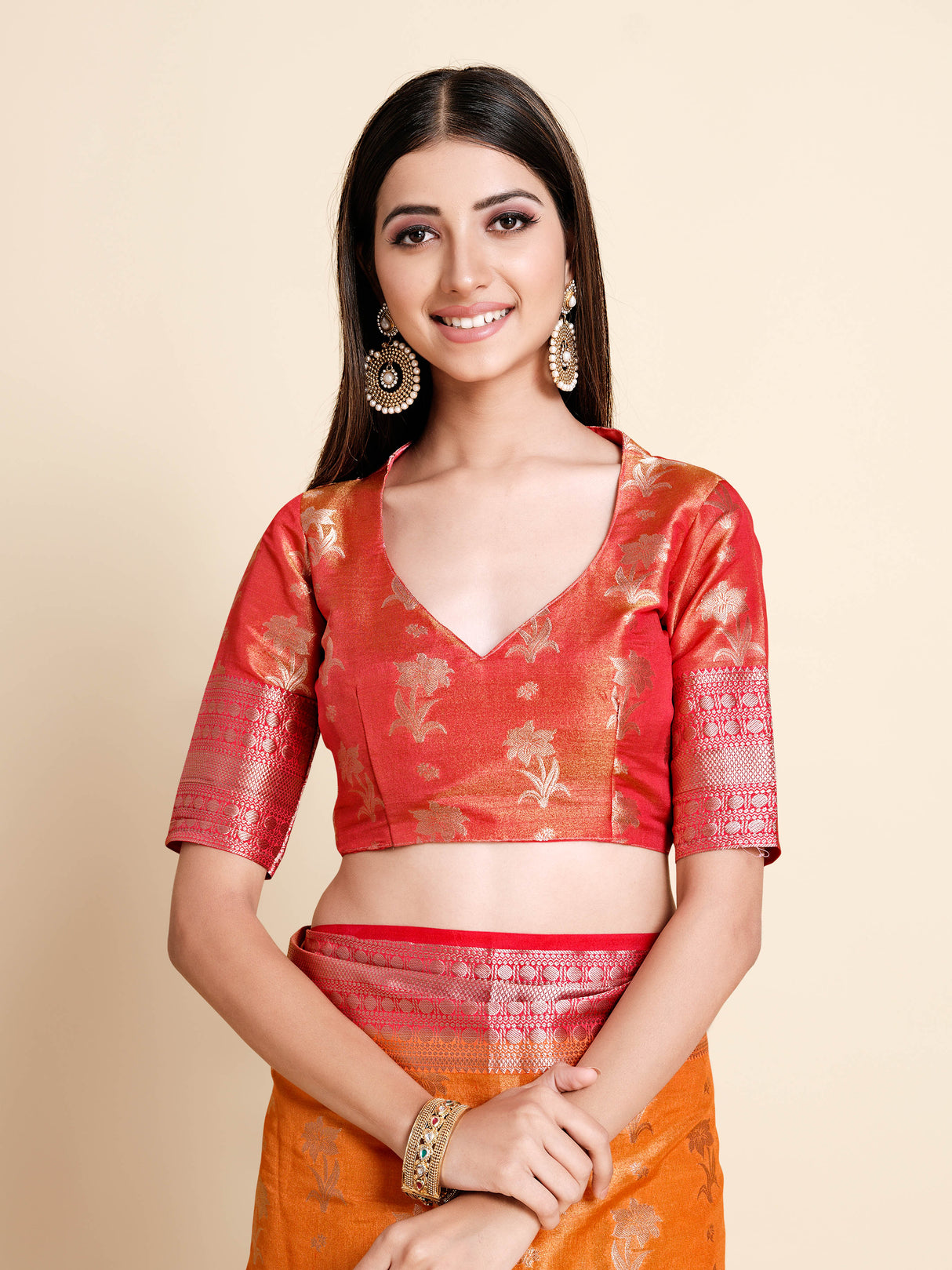 Mimosa Womens Art Silk Saree Kanjivaram Peach Color