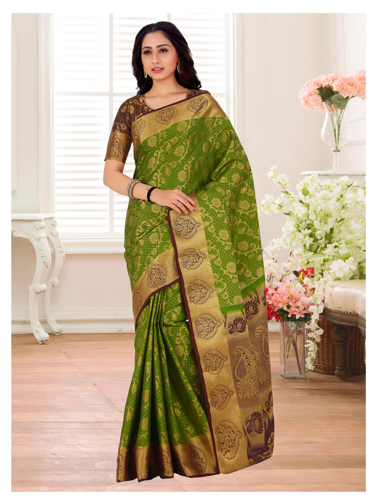Mimosa Womens Art Silk Saree Kanjivaram Olive Color