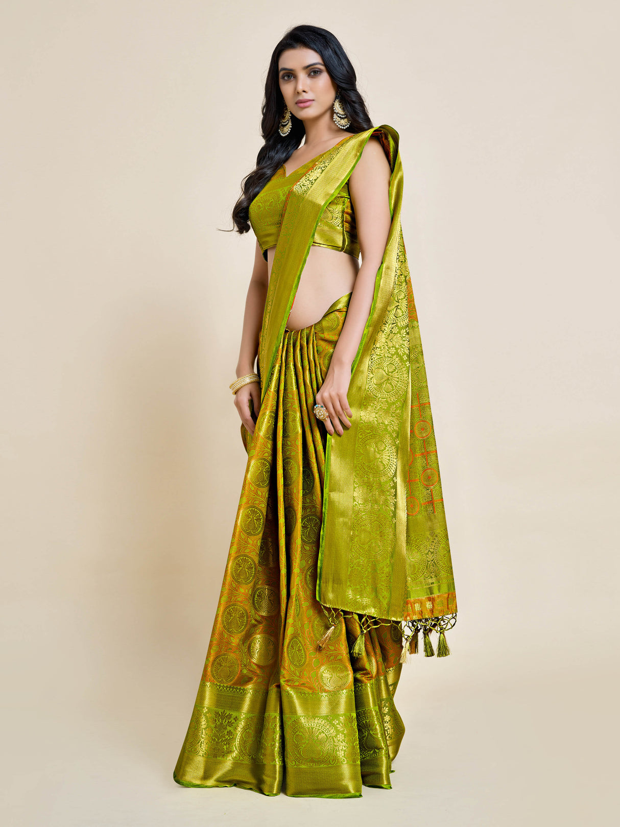 Mimosa Womens Art Silk Saree Kanjivaram Olive Color