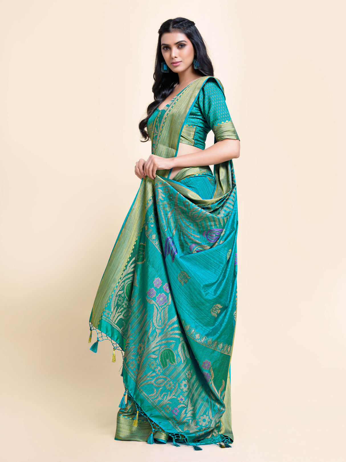 Mimosa Womens Art Silk Saree Kanjivaram style Saffire Color