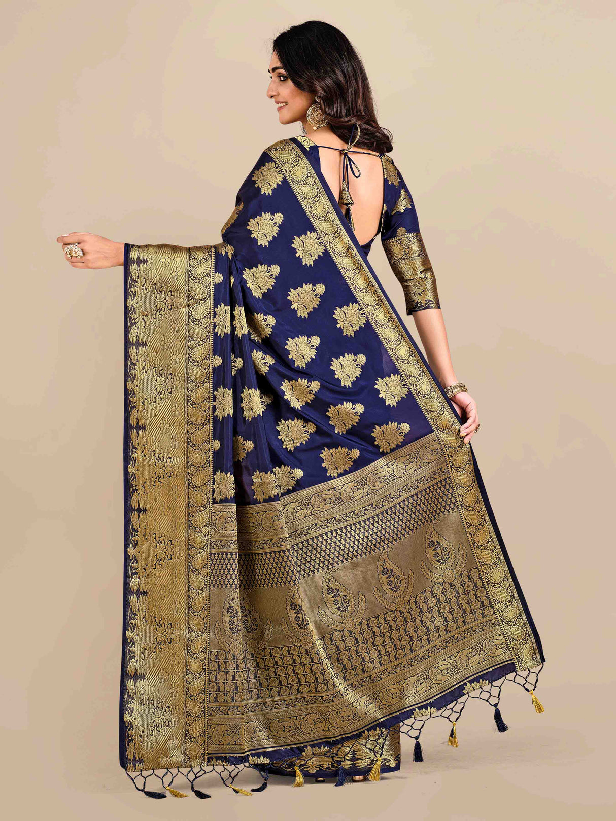 Mimosa Womens Art Silk Saree Kanjivaram Navy Blue Color