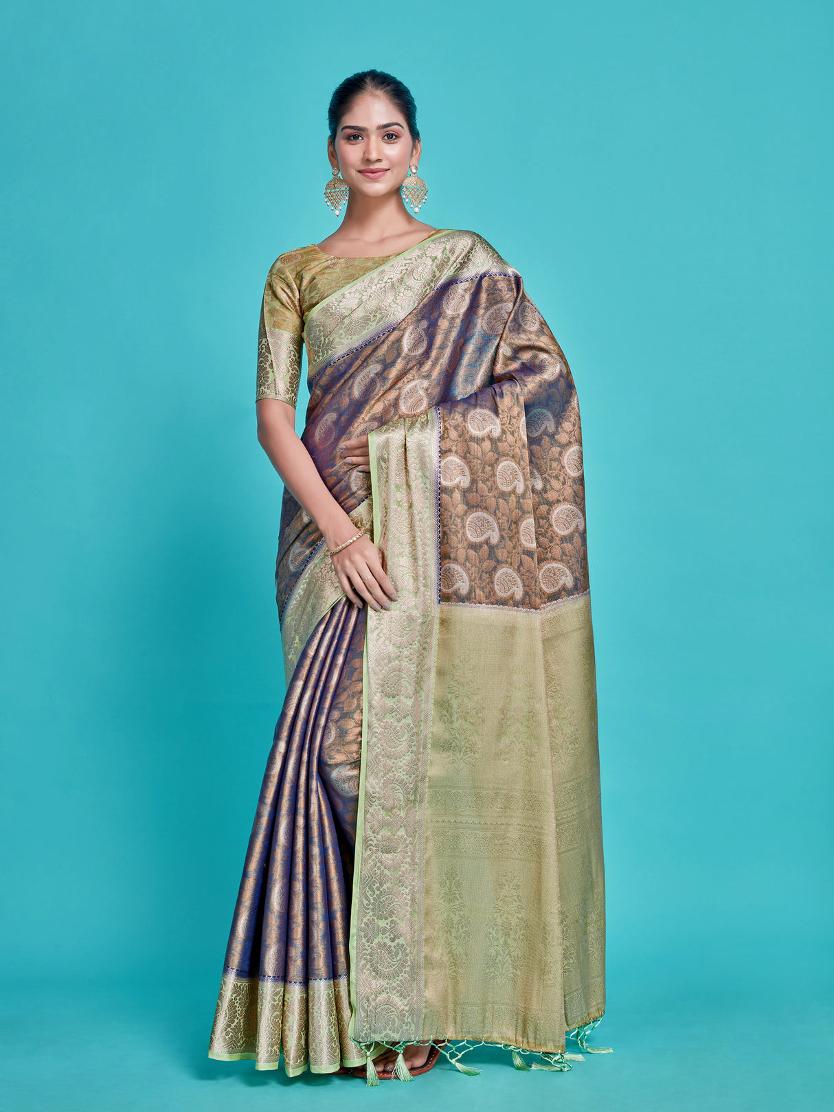 Mimosa Women's Woven Design Kanjivaram Style Art Silk Saree With Blouse Piece : SA0000412NVFREE