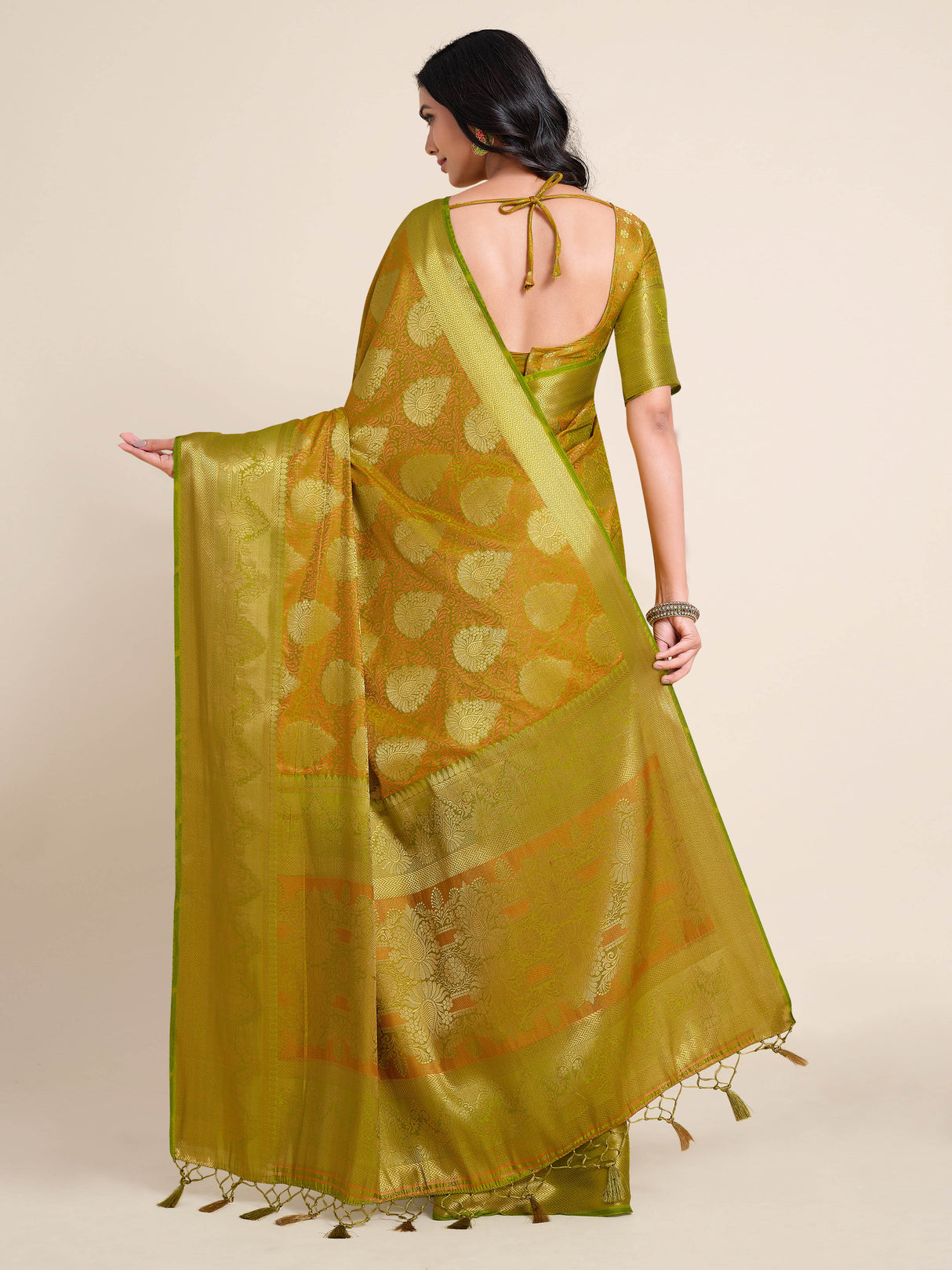 Mimosa Womens Art Silk Saree Kanjivaram Olive Color