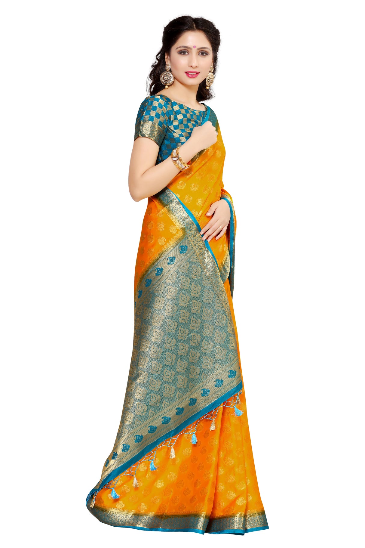 Mimosa Womens Crepe Saree Mysore Silk Gold Color