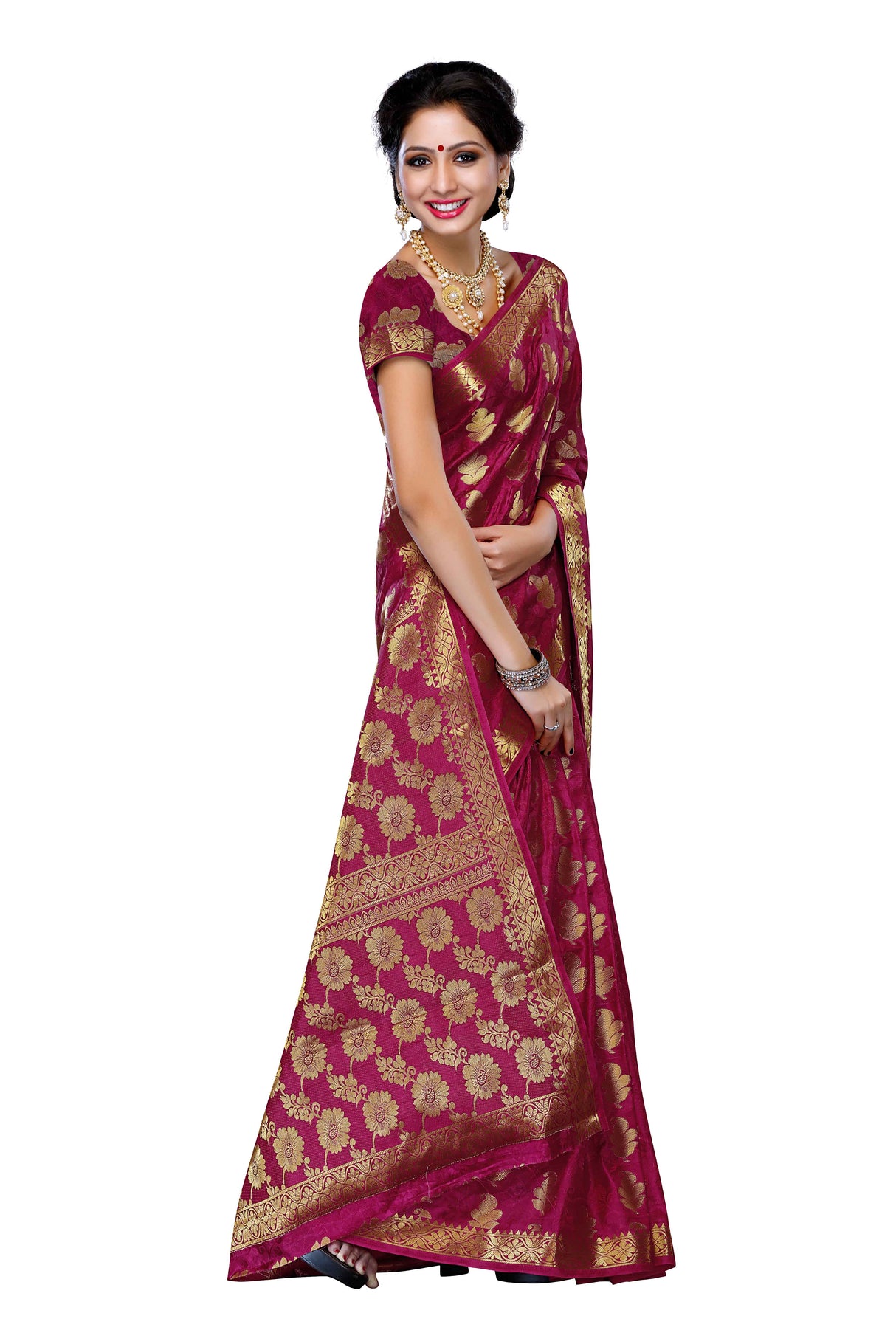 Mimosa Womens Tussar Silk Saree Kanjivaram style Mejanta Color