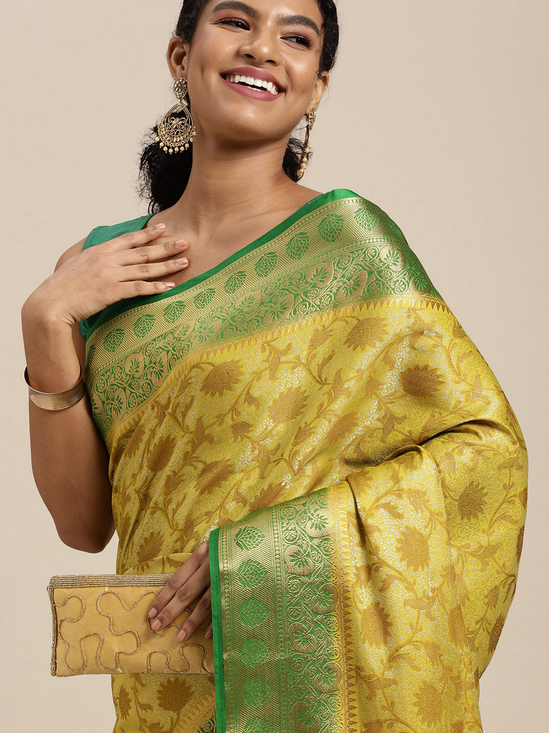 Mimosa Womens Art Silk Saree Kanjivaram Yellow Color