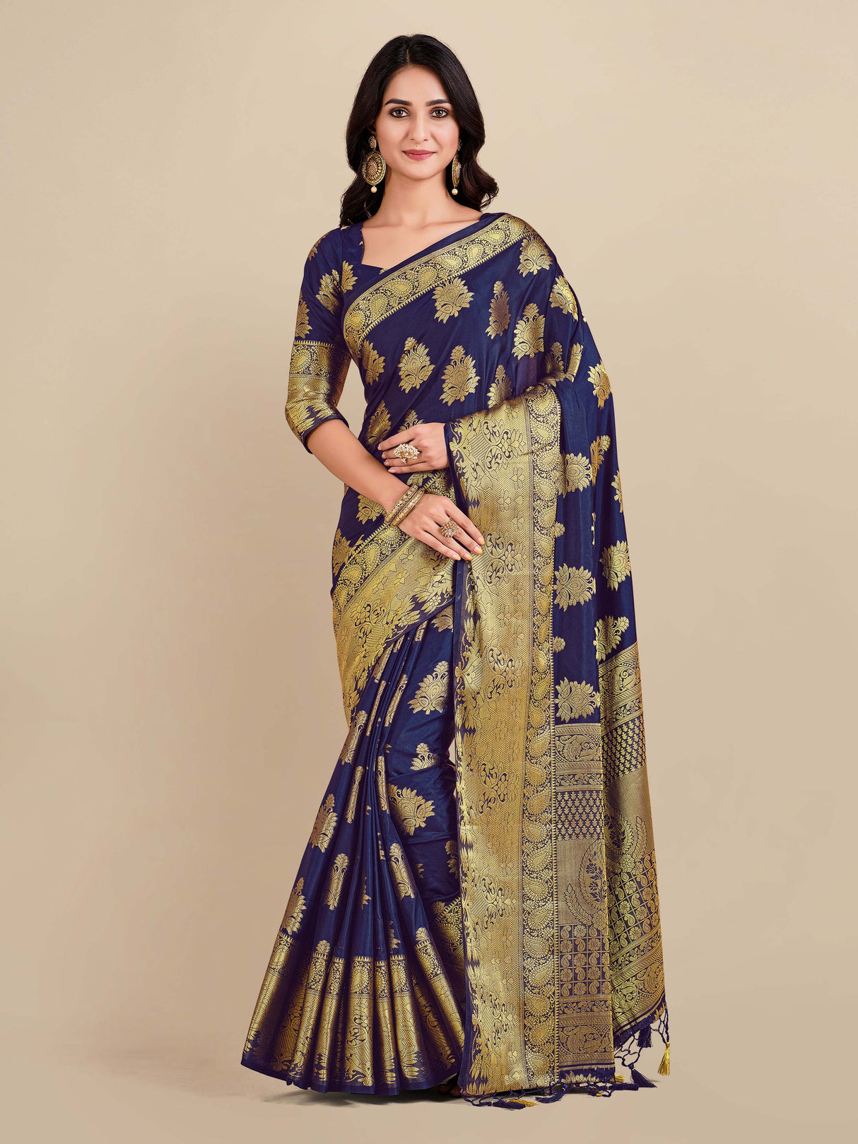 Mimosa Womens Art Silk Saree Kanjivaram Navy Blue Color