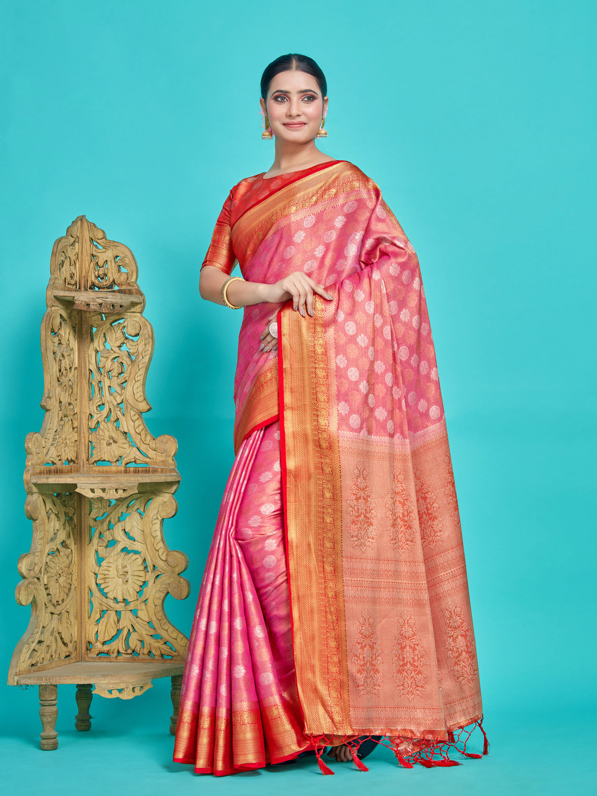 Mimosa Women's Woven Design Kanjivaram Style Art Silk Saree With Blouse Piece : SA0000410PNKFREE