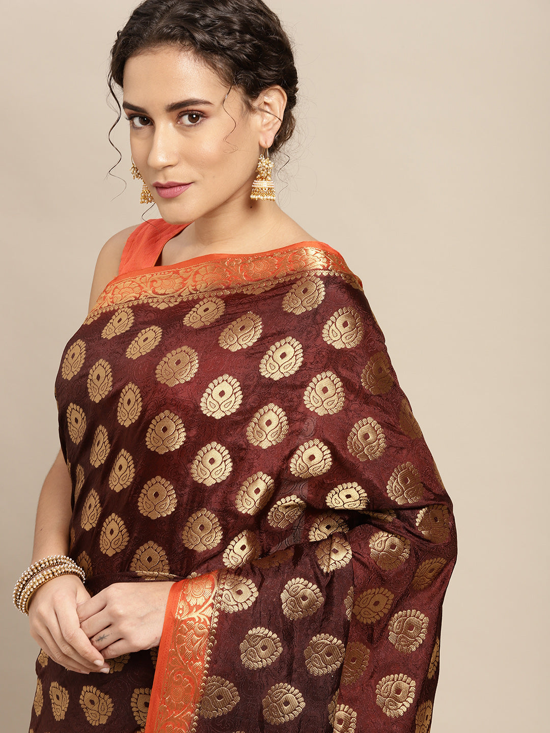 Mimosa Womens Art Silk Saree Kanjivaram Chocolate Color