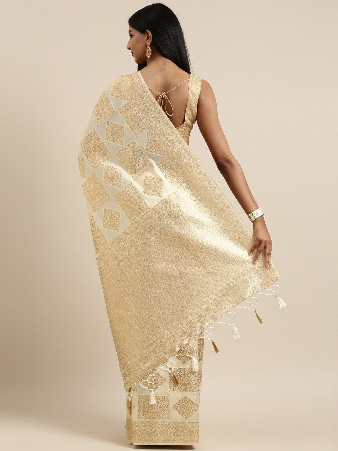 Mimosa Womens Art Silk Saree Kanjivaram Cream Color