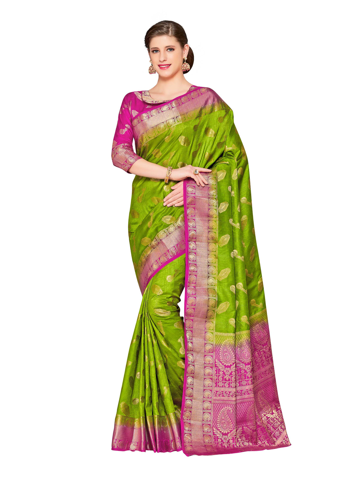 Mimosa Womens Art Silk Saree Kanjivaram Olive Color
