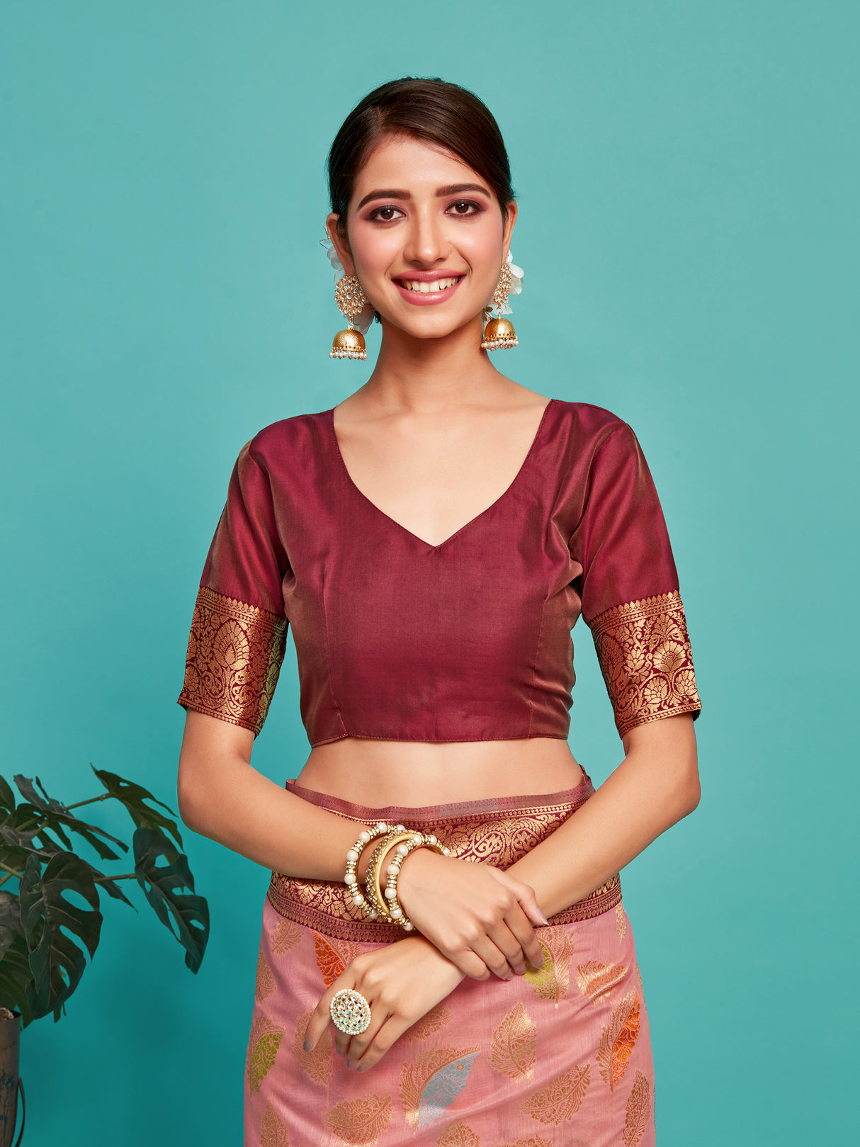 Mimosa Women's Woven Design Kanjivaram Linen Saree With Blouse Piece : SA00001245PNKFREE