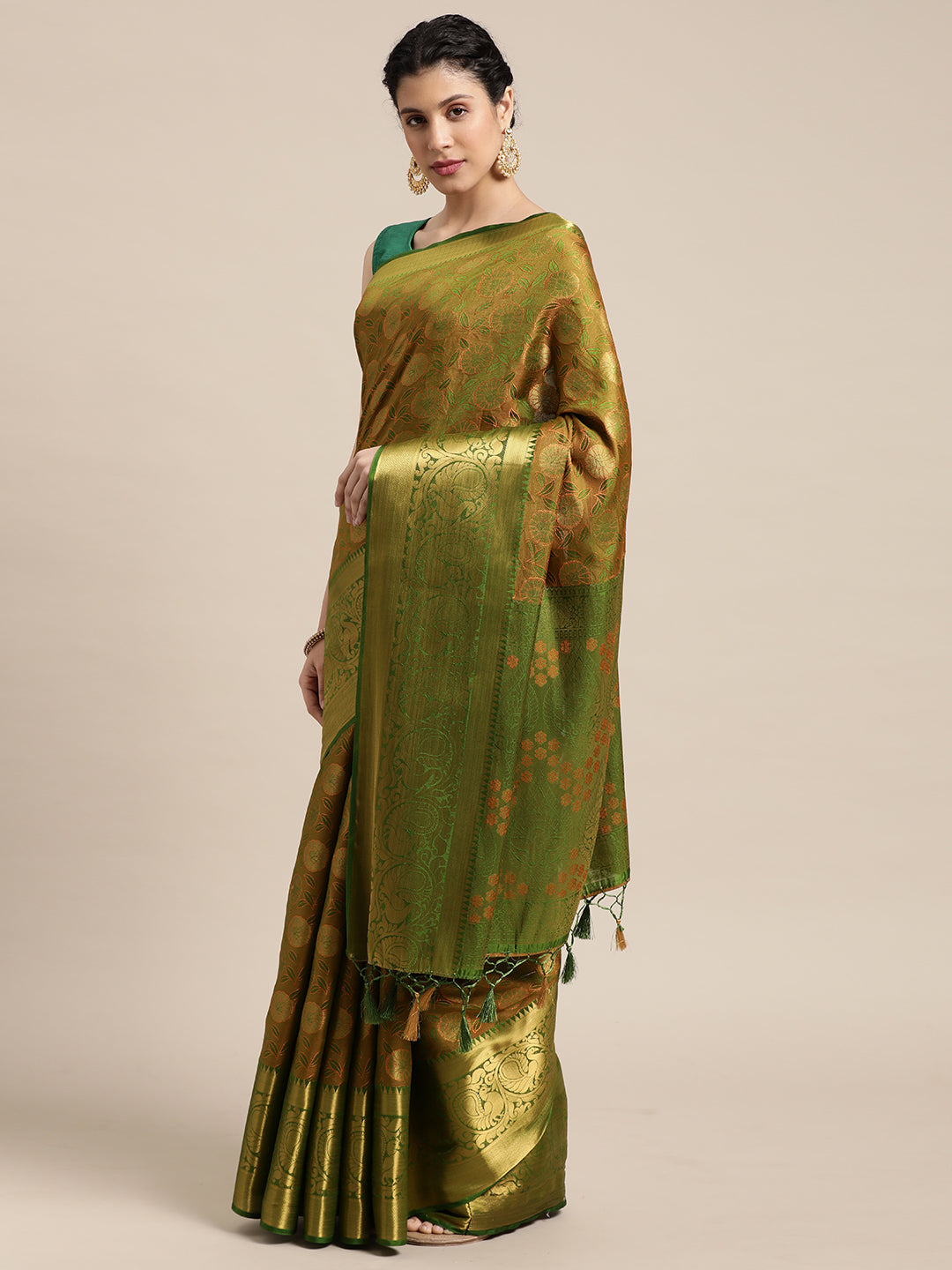 Mimosa Womens Art Silk Saree Kanjivaram Olive Color