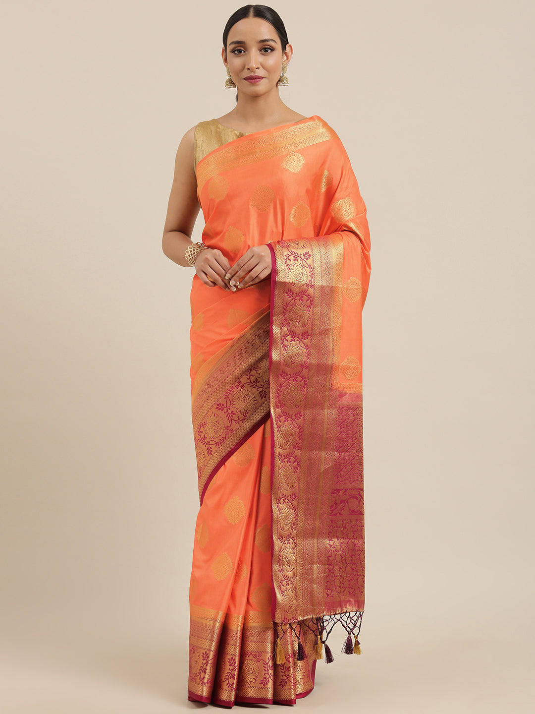 Mimosa Womens Art Silk Saree Kanjivaram Peach Color