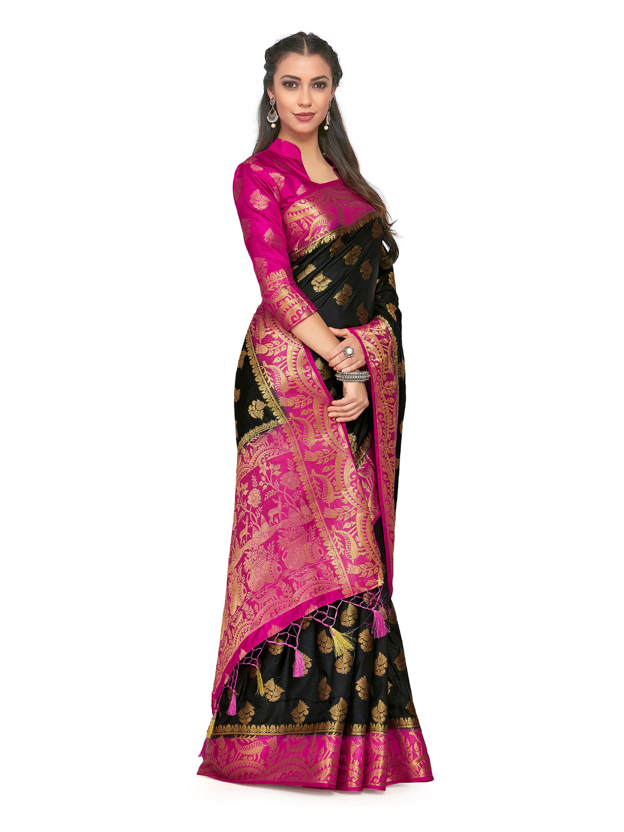 Mimosa Womens Art Silk Saree Kanjivaram Black Color