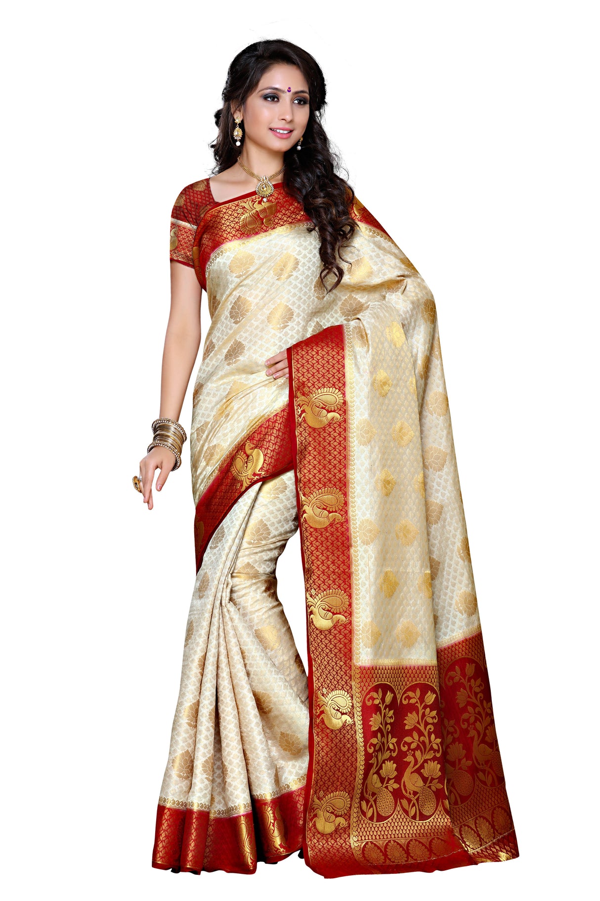 Mimosa Womens Art Silk Saree Kanjivaram Halfwhite Color