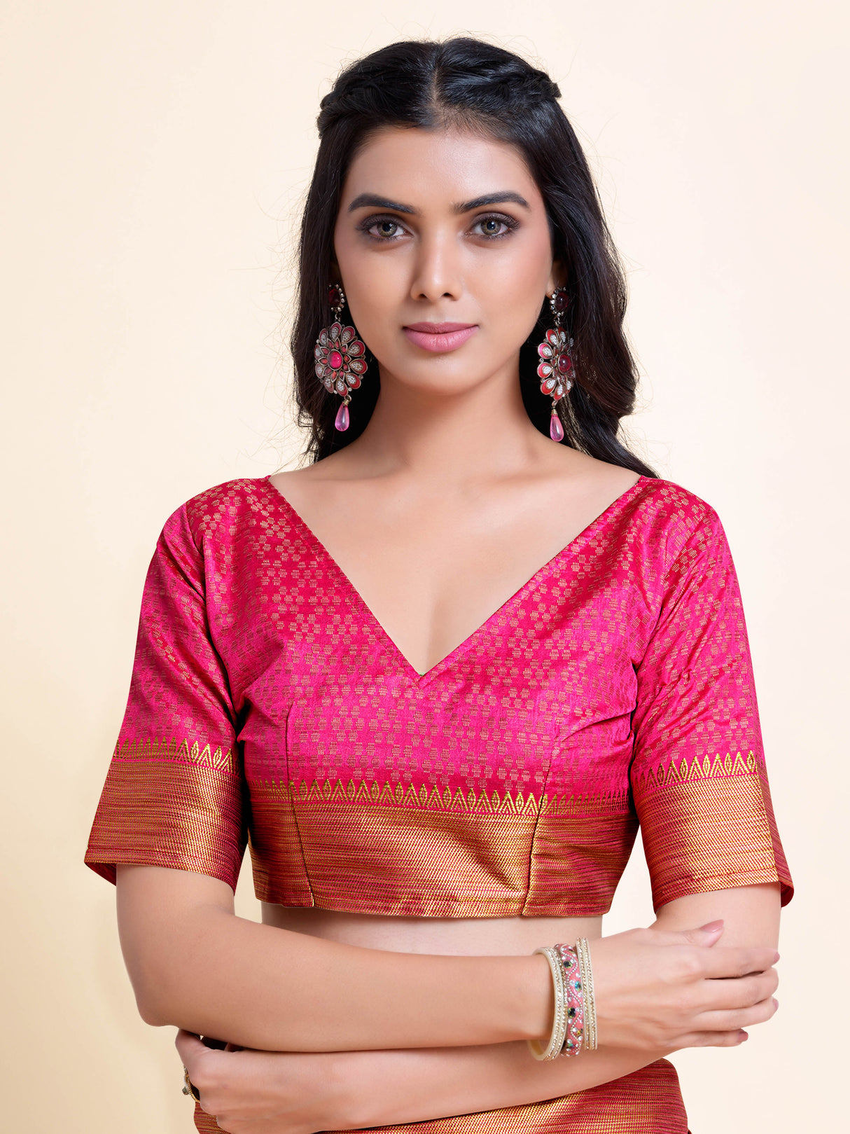 Mimosa Womens Art Silk Saree Kanjivaram style Strawberry Color