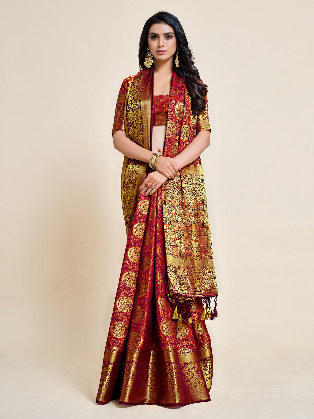 Mimosa Womens Art Silk Saree Kanjivaram Wine Color