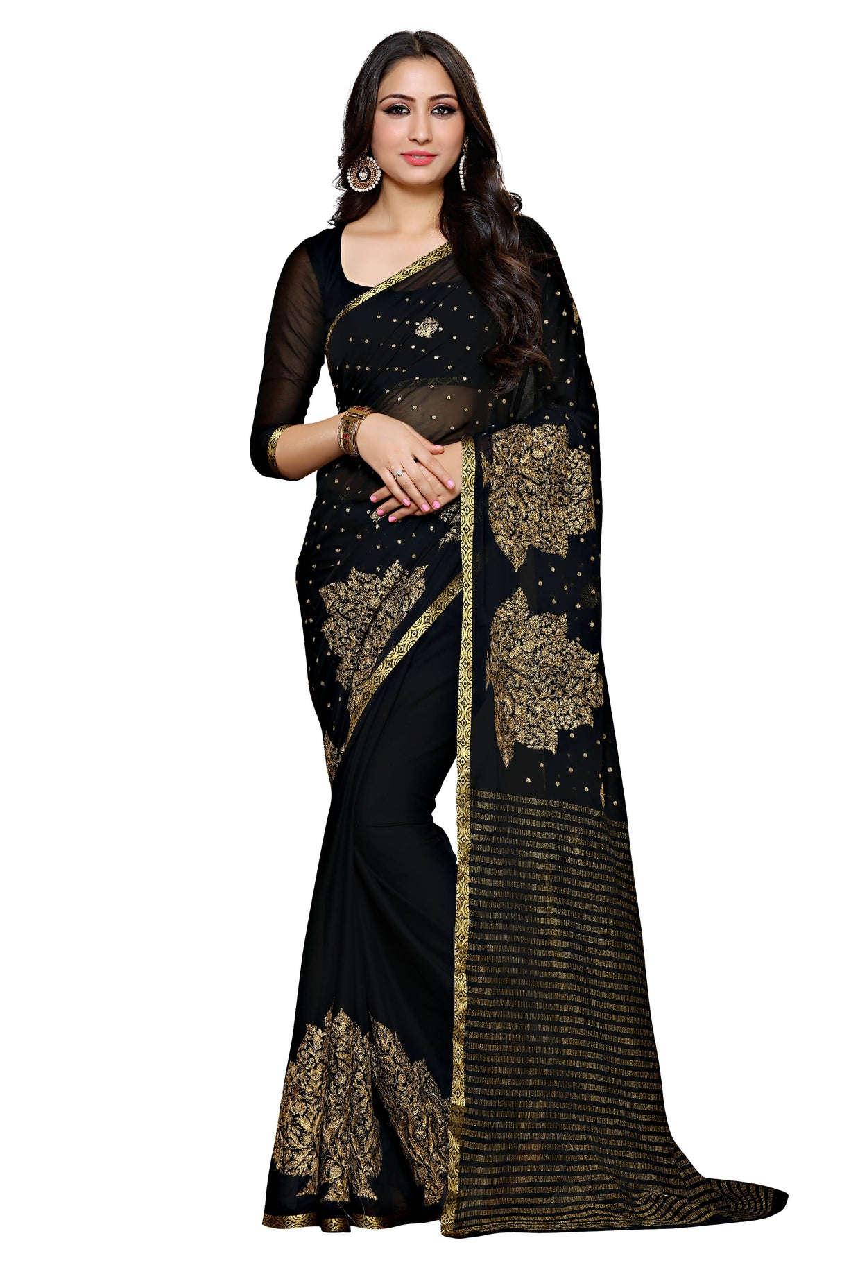 Mimosa Womens Chiffon Saree Banarasi Black Color