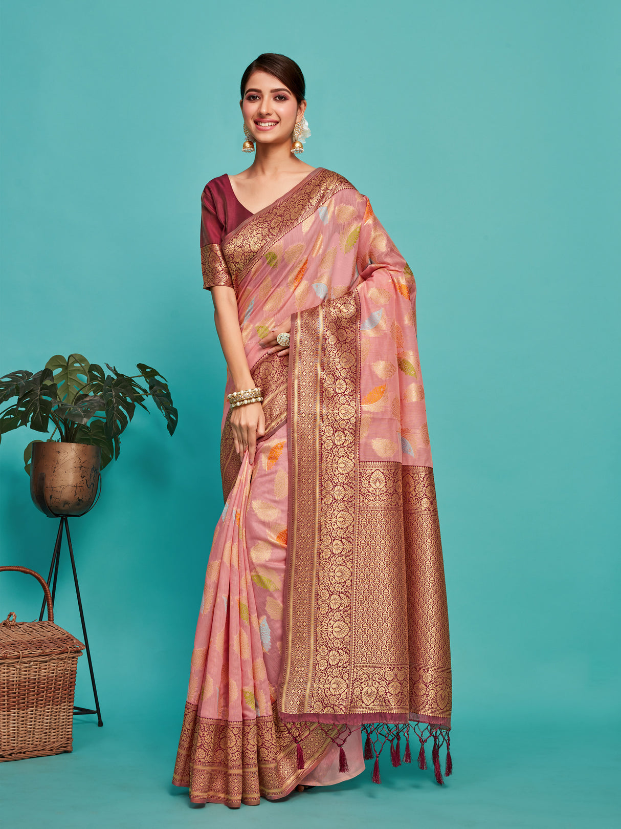 Mimosa Women's Woven Design Kanjivaram Linen Saree With Blouse Piece : SA00001245PNKFREE