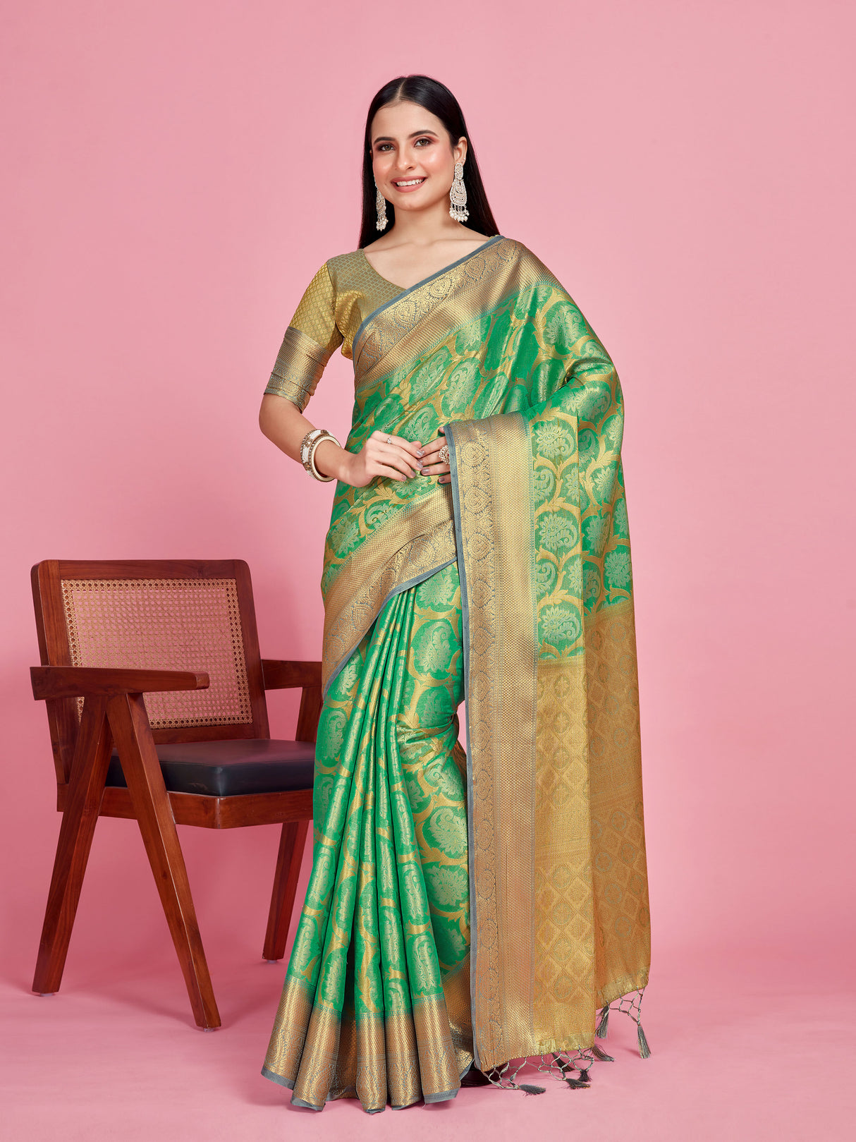 Mimosa Women's Woven Design Kanjivaram Style Art Silk Saree With Blouse Piece : SA0000385RMFREE