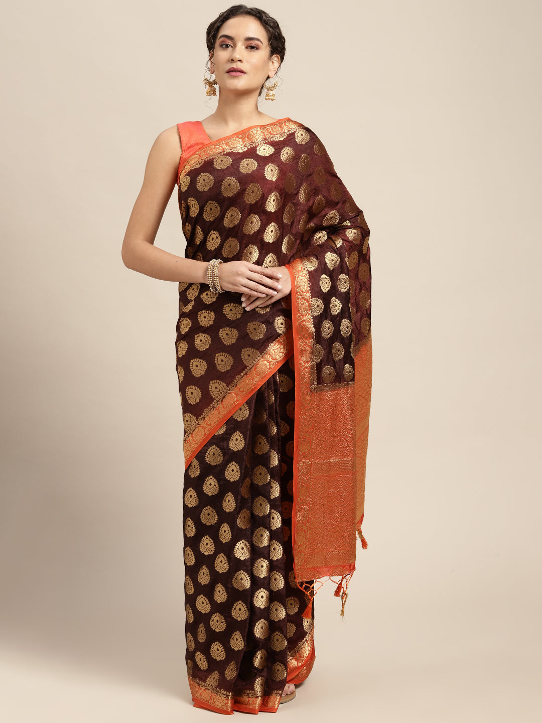 Mimosa Womens Art Silk Saree Kanjivaram Chocolate Color