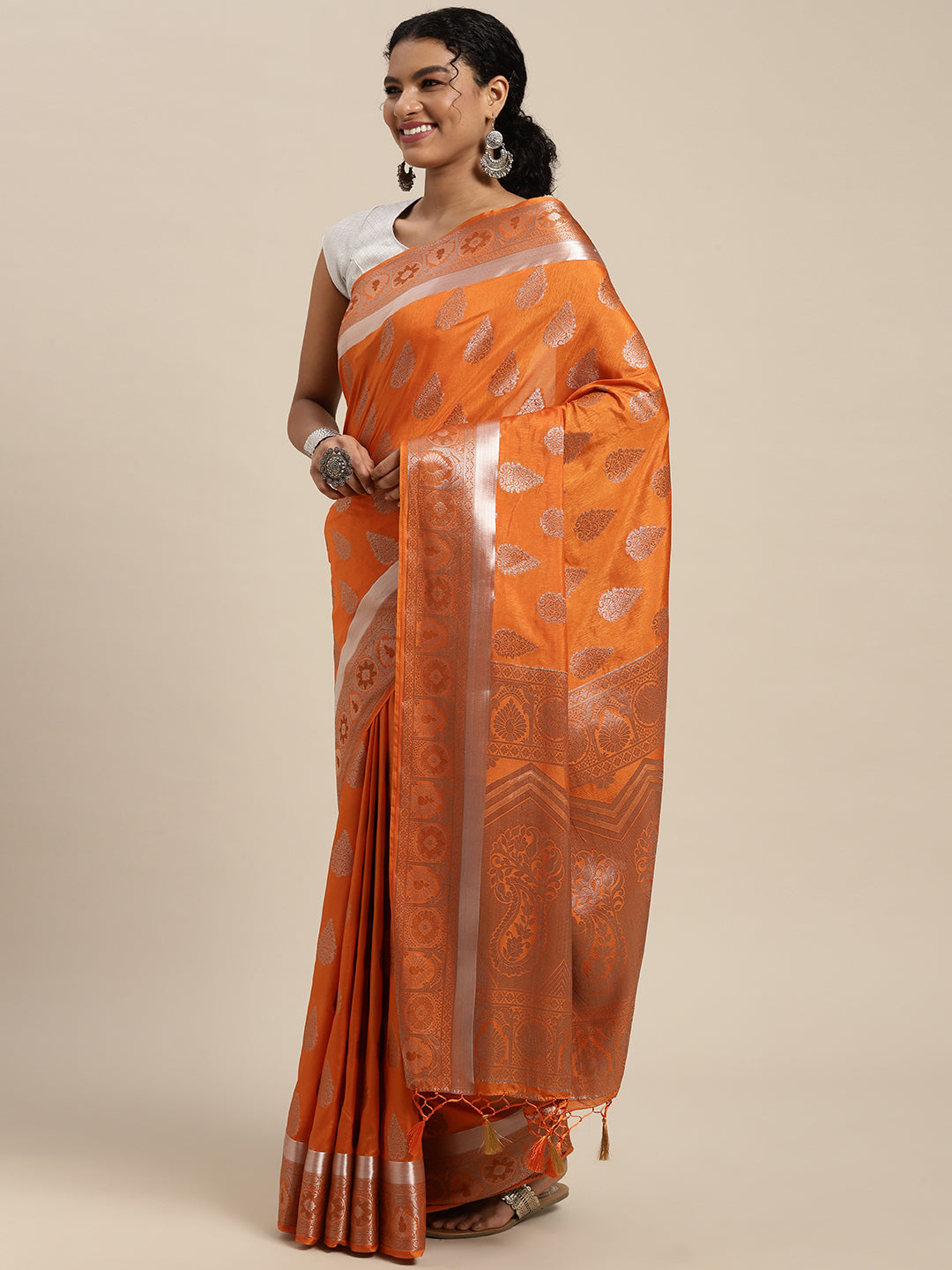 Mimosa Womens Art Silk Saree Kanjivaram Orange Color