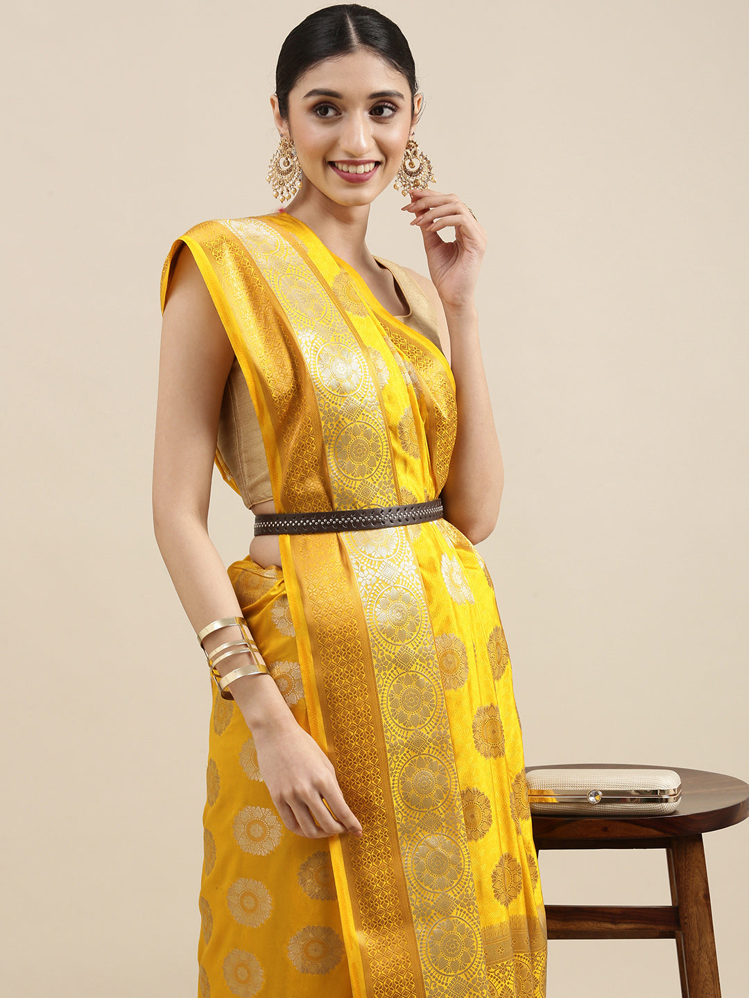 Mimosa Womens Art Silk Saree Kanjivaram Gold Color