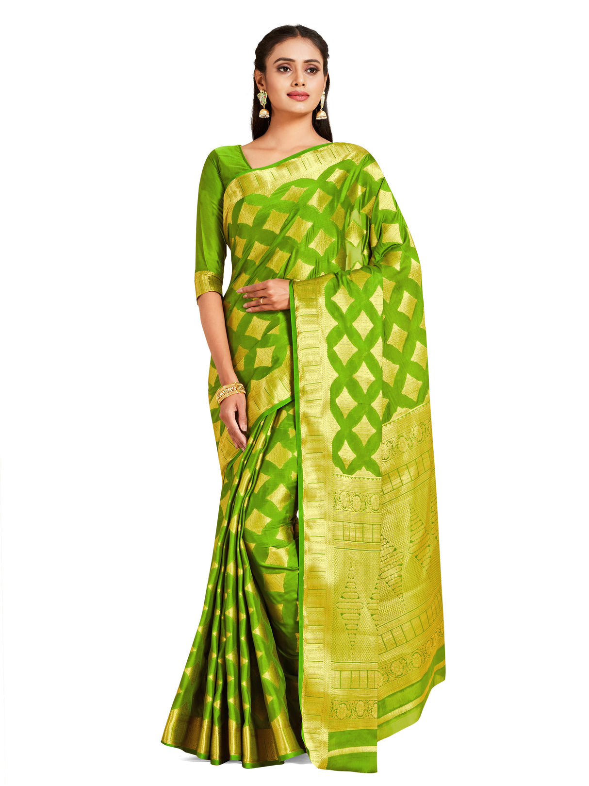 Mimosa Womens Crepe Saree Mysore Silk Olive Color