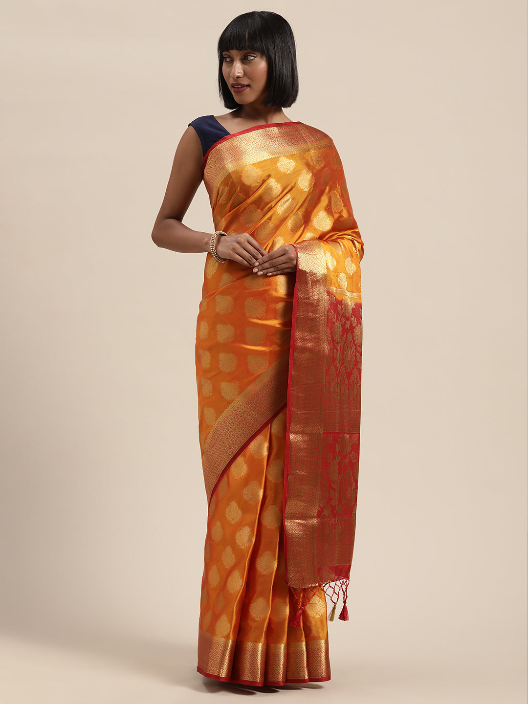 Mimosa Womens Crepe Saree Mysore Silk Gold Color