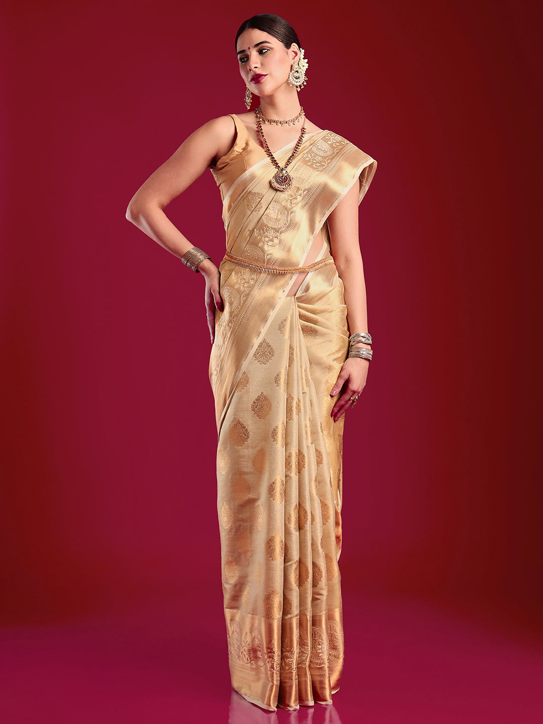 Mimosa Women's Woven Design Kanjivaram Art Silk Saree With Blouse Piece : SA00001196CRFREE