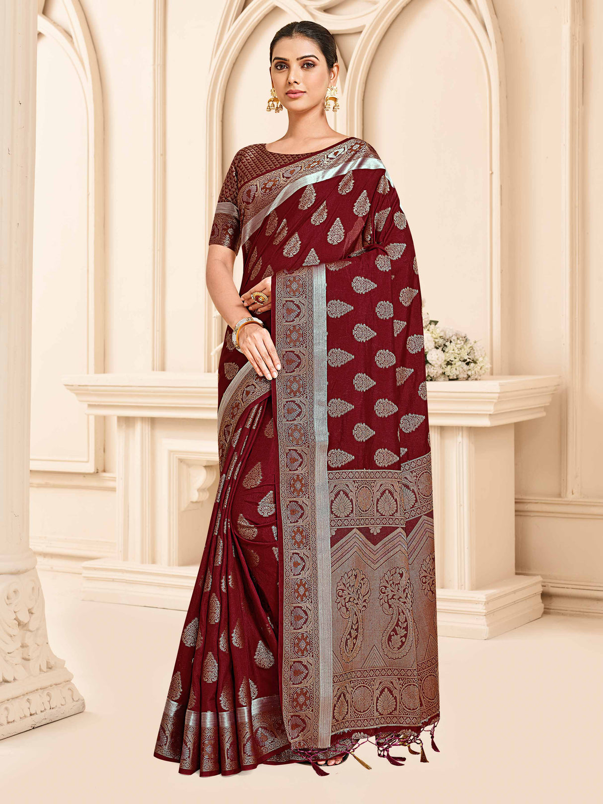 Mimosa Womens Art Silk Saree Kanjivaram Maroon Color