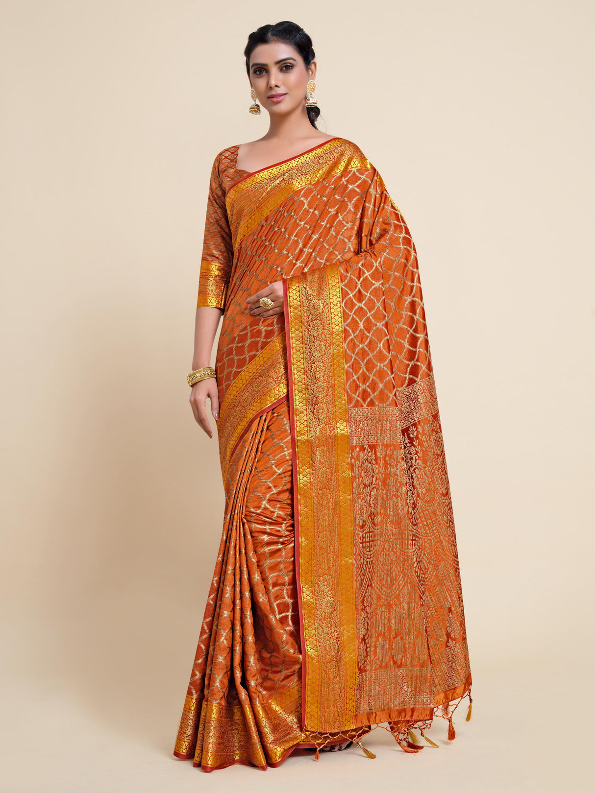 Mimosa Womens Art Silk Saree Kanjivaram Rust Color